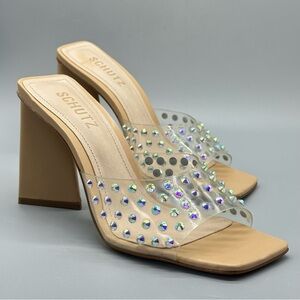 Schutz Lizah Crystal Nude Leather Transparent Crystals Rainbow Sparkle Sz 7.5